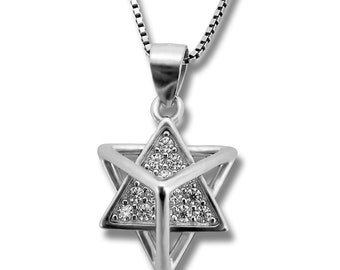 925 Sterling Silver MerKaBa Pendant 3D Star Sacred Geometry Spiritual Protection Charm Cubic Zirconia Israel Kabbalah Jewelry with 18" Chain