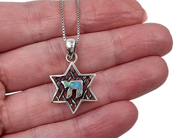 Blue Opal Hebrew Chai Star of David Necklace Filigree Kabbalah Pendant 925 Sterling Silver Judaica Jewelry