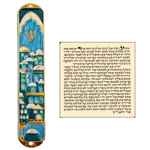 Blue Enamel Jewish MEZUZAH CASE with Scroll Jerusalem City Design Israel Judaica Door Mezuza 4 Inch Home Protection Gift