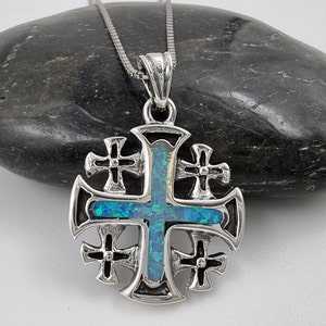 Blue Opal JERUSALEM CROSS Necklace 925 Sterling Silver Crusaders Pendant with Certificate Religious Catholic Jewelry Gift Silver Chain image 2
