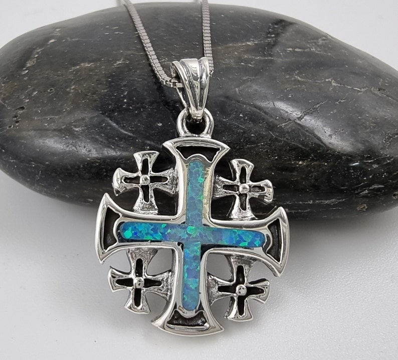 Blue Opal JERUSALEM CROSS Necklace 925 Sterling Silver Crusaders Pendant with Certificate Religious Catholic Jewelry Gift Silver Chain image 2