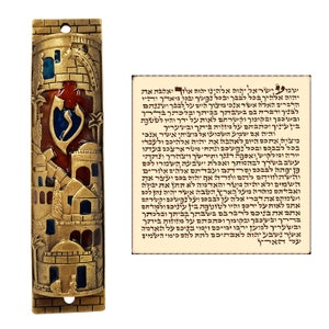 Gold Enamel Jewish MEZUZAH CASE with Hebrew Scroll Jerusalem Design Israel Judaica Gift Door Mezuza Cover 4 inch