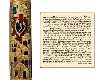 Estojo para Mezuzá de Jerusalém em Ouro com Pergaminho Hebraico - Decoração Judaica para Porta, 10 cm