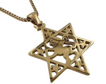 Star of David Jerusalem Lion 18K Gold Plated Necklace Kabbalah Pendant Handmade Israel Jewish Jewelry Gift for Women Men with Chain