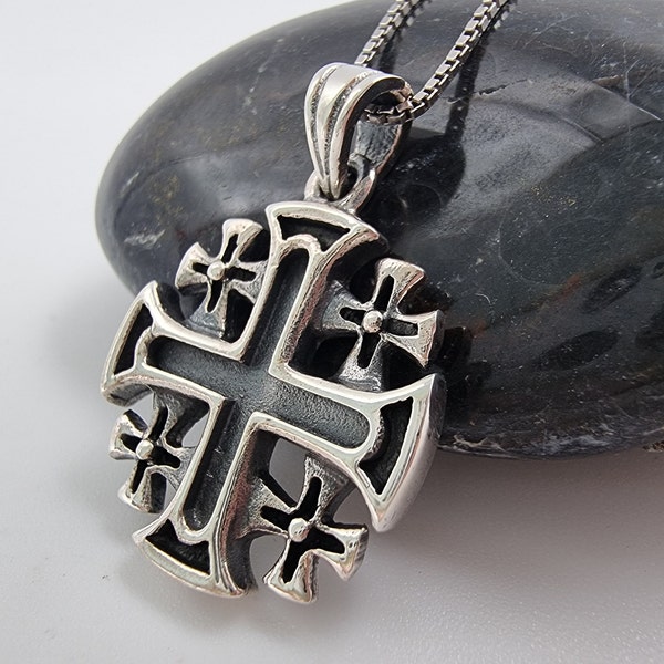 Sterling Silver Jerusalem Cross Necklace, Holy Land Crusader Pendant