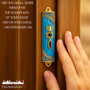 Blue Enamel Messianic Mezuzah with Scroll for Door Gold Plated Crystals Mezuzah from Israel Judaica Gift 8 cm