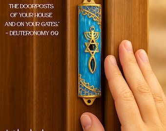 Blue Enamel Messianic Mezuzah with Scroll for Door Gold Plated Crystals Mezuzah from Israel Judaica Gift 8 cm