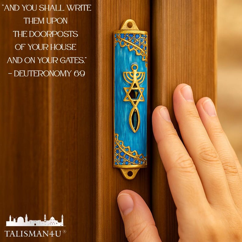 Blue Enamel Messianic Mezuzah with Scroll for Door Gold Plated Crystals Mezuzah from Israel Judaica Gift 8 cm image 1