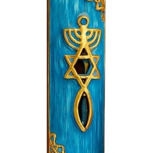 Blue Enamel Messianic Mezuzah with Scroll for Door Gold Plated Crystals Mezuzah from Israel Judaica Gift 8 cm image 5
