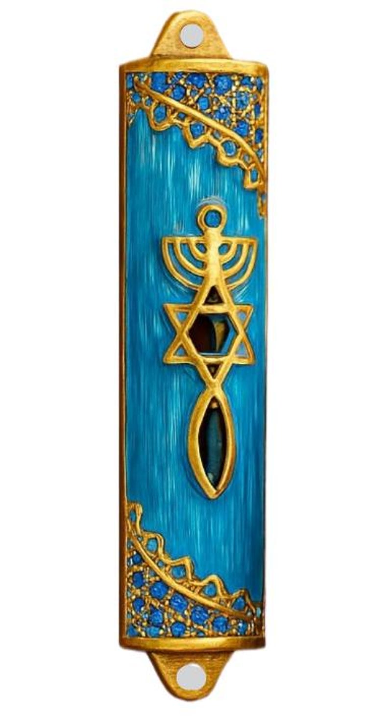 Blue Enamel Messianic Mezuzah with Scroll for Door Gold Plated Crystals Mezuzah from Israel Judaica Gift 8 cm image 5