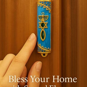 Blue Enamel Messianic Mezuzah with Scroll for Door Gold Plated Crystals Mezuzah from Israel Judaica Gift 8 cm image 7