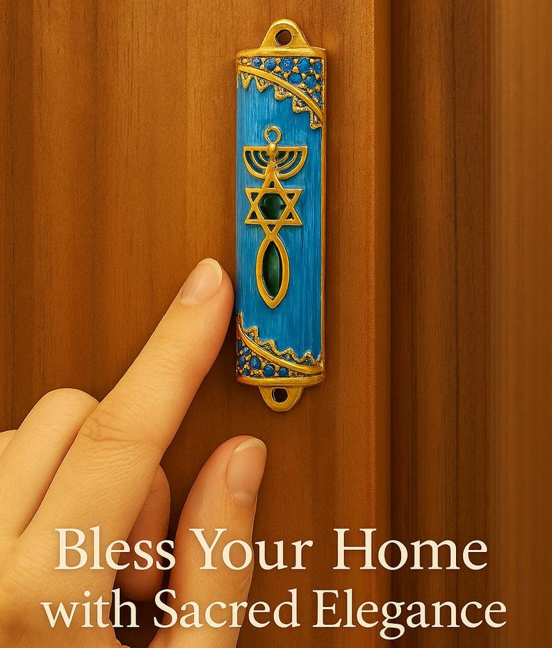 Blue Enamel Messianic Mezuzah with Scroll for Door Gold Plated Crystals Mezuzah from Israel Judaica Gift 8 cm image 7