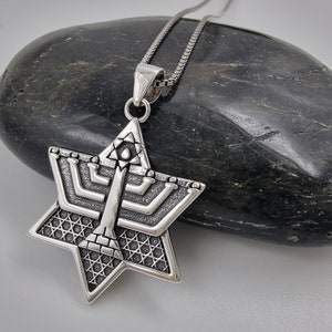 925 Sterling Silver Star of David Menorah Necklace Kabbalah Pendant Engraved Handmade Israel Jewish Jewelry Gift for Women Men Silver Chain