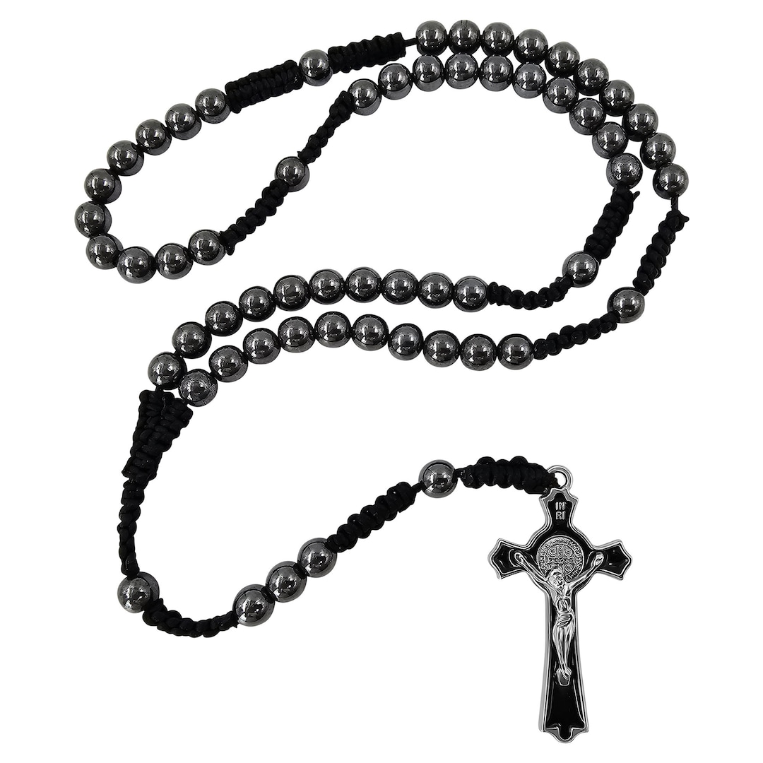 8mm Hematite Black Beads Catholic Rosary Necklace for Men St