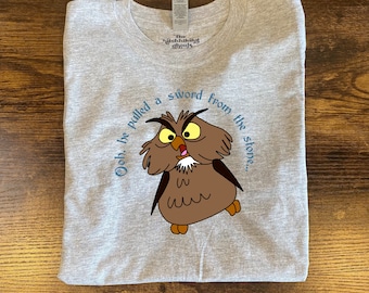 May include: A gray t-shirt with a cartoon owl and the text "Ooh, he pulled a sword from the stone..." printed on it.