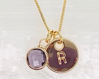 Amethyst Initial Necklace: February Birthstone, Gold Plated Chain