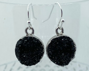 Black Faux Druzy Earrings: Sterling Silver Hooks, Sparkly Dangle Earrings