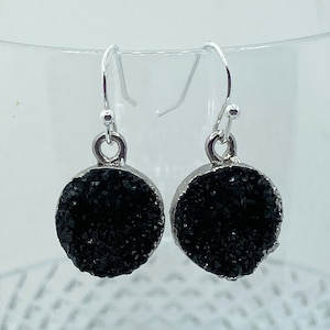 Black druzy earrings, dangle earrings, black earrings, faux druzy earrings, sterling silver, druzy earrings, round, sparkly earrings, ,