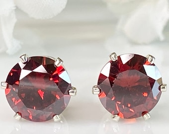 Garnet CZ Sterling Silver Stud Earrings - January Birthstone