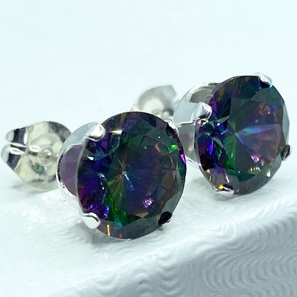 Beautiful huge Mystic Topaz stud earrings in sterling silver. 8mm round stone.  Gift packaged and ready for gift giving.