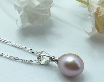 June Birthstone, pearl necklace, natural pearl, freshwater pearl, pink pearl, purple pearl, Sterling silver, single pearl, simple pearl,