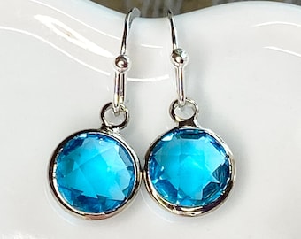 Aquamarine Dangle Earrings: March Birthstone, Silver Plated Hooks