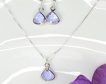 Lavender Glass Jewelry Set: Sterling Silver Necklace and Earrings, June Birthstone
