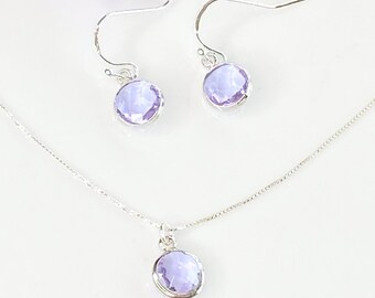 Lavender Glass Jewelry Set: Sterling Silver Necklace and Earrings, June Birthstone