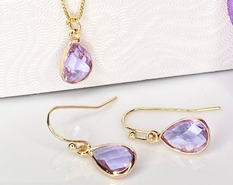 Lavender Glass Jewelry Set: Gold Necklace and Earrings, June Birthstone