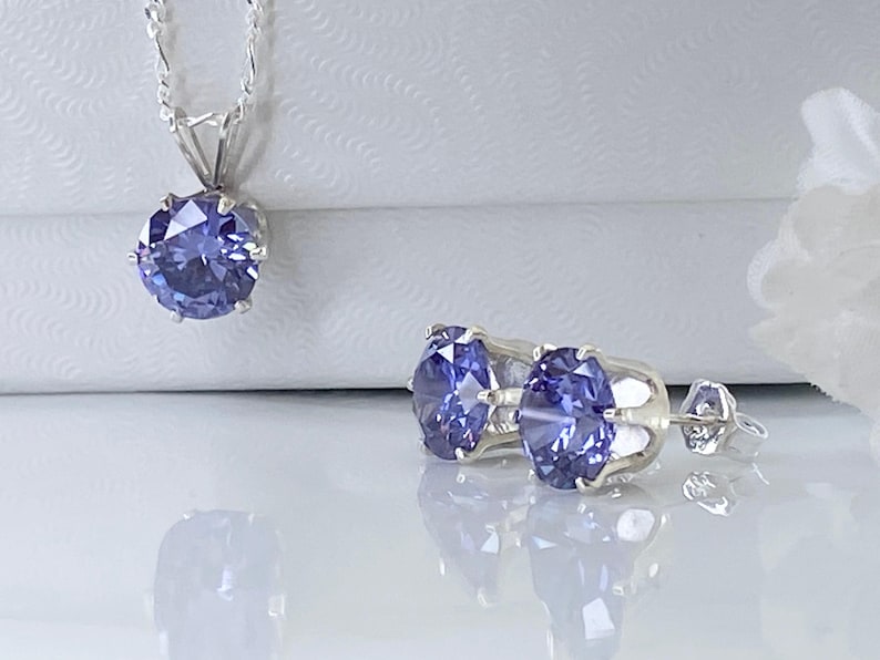 Tanzanite Jewelry Set December Birthstone Gift Sterling Silver Pendant Necklace Matching Earring Cubic Zirconia Purple Gemstone Birthday image 7