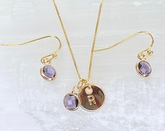 Personalized Birthstone Gift February Birthstone Jewelry Set Amethyst Initial Jewelry Piece Purple Crystal Necklace Earring Dainty Gemstone