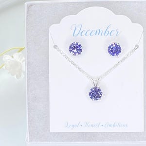 Sterling Silver Tanzanite Set December Birthstone Jewelry Cubic Zirconia Purple Gemstone Pendant Necklace Matching Earrings Birthday Gift Elegant Design Eight MM Stones Eighteen Inch Chain Beautiful Present Special Occasion Jewelry Classic
