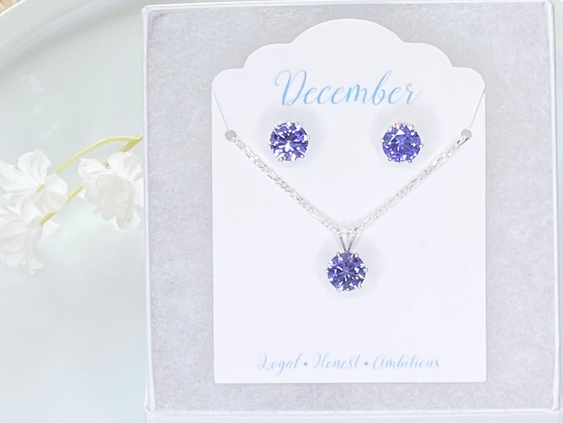 Sterling Silver Tanzanite Set December Birthstone Jewelry Cubic Zirconia Purple Gemstone Pendant Necklace Matching Earrings Birthday Gift Elegant Design Eight MM Stones Eighteen Inch Chain Beautiful Present Special Occasion Jewelry Classic