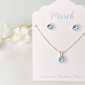Aquamarine Jewelry Set Sterling Silver Pendant Figaro Chain March Birthstone Gift Idea Blue Stone Necklace Earring Matching Pair Dainty