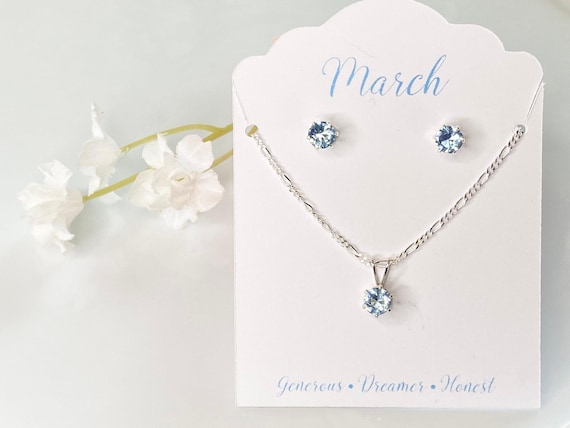 Aquamarine Jewelry Set Sterling Silver Pendant Figaro Chain March Birthstone Gift Idea Blue Stone Necklace Earring Matching Pair Dainty