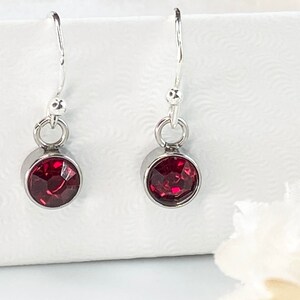 May include: A pair of dangle earrings featuring round, faceted, deep red gemstones set in silver-colored metal bezels. The earrings have a simple design with a hook closure, perfect for everyday wear. The gemstones sparkle, adding a touch of elegance.