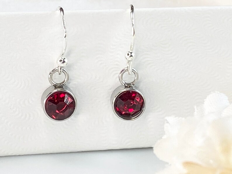 May include: A pair of dangle earrings featuring round, faceted, deep red gemstones set in silver-colored metal bezels. The earrings have a simple design with a hook closure, perfect for everyday wear. The gemstones sparkle, adding a touch of elegance.