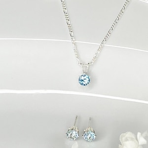 Sterling Silver Aquamarine Set Pendant Necklace Matching Earring Pair March Birthstone Jewelry Gift Idea Light Blue Gemstone Cubic Zirconia Dainty Design Elegant Accessory Figaro Chain Option Birthday Present Special Occasion Jewelry Fine