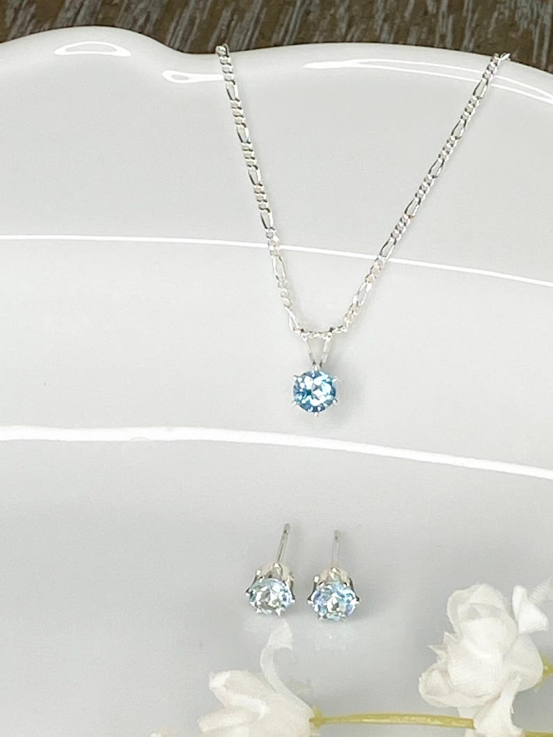 Sterling Silver Aquamarine Set Pendant Necklace Matching Earring Pair March Birthstone Jewelry Gift Idea Light Blue Gemstone Cubic Zirconia Dainty Design Elegant Accessory Figaro Chain Option Birthday Present Special Occasion Jewelry Fine