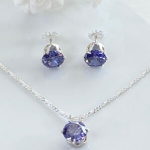 Matching Jewelry Set Tanzanite December Birthstone Sterling Silver Pendant Necklace Earrings Set Cubic Zirconia Purple Gemstone Birthday Gift Elegant Design Eight MM Stones Eighteen Inch Chain Beautiful Present Special Occasion Jewelry