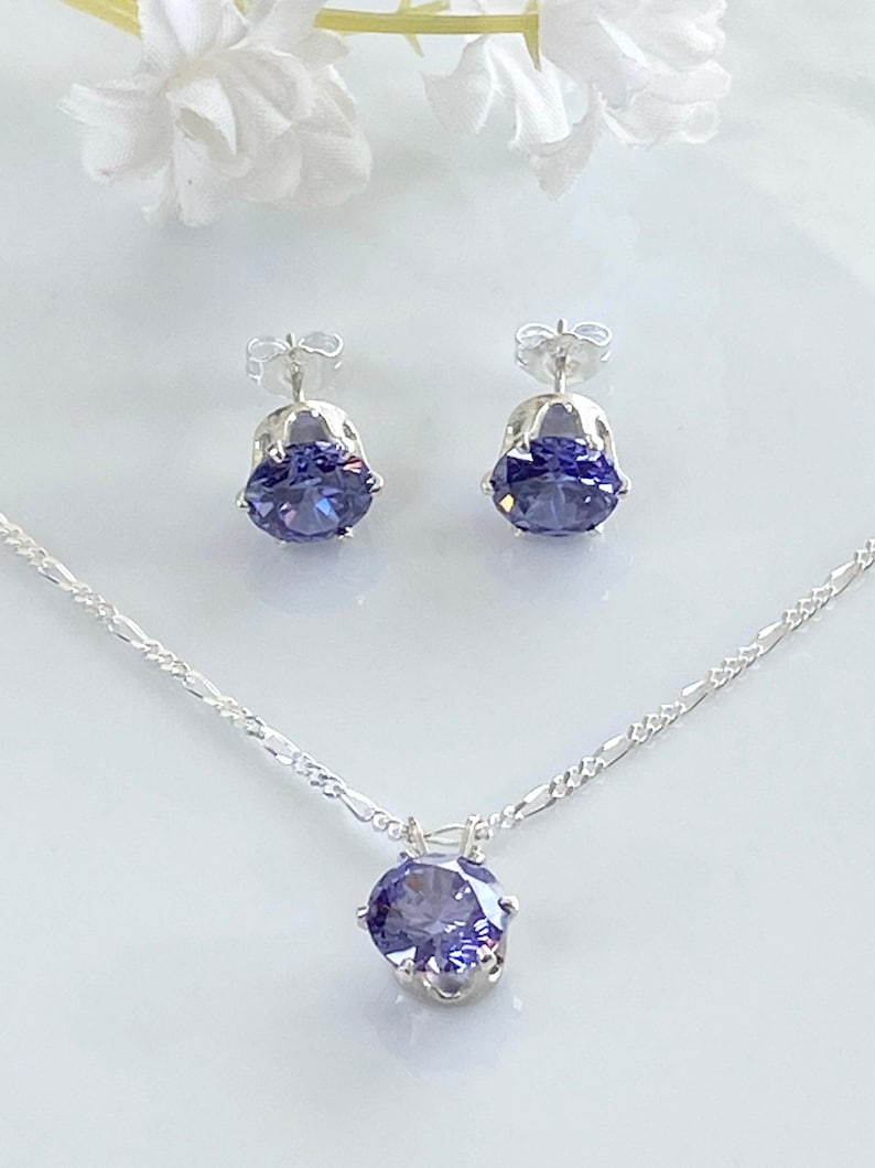 Matching Jewelry Set Tanzanite December Birthstone Sterling Silver Pendant Necklace Earrings Set Cubic Zirconia Purple Gemstone Birthday Gift Elegant Design Eight MM Stones Eighteen Inch Chain Beautiful Present Special Occasion Jewelry