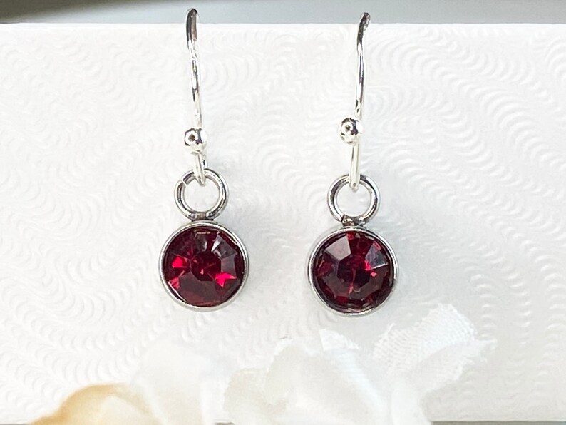 May include: A pair of dangle earrings with a silver-colored metal setting. Each earring features a round, faceted, deep red gemstone. The earrings hang from a simple hook.