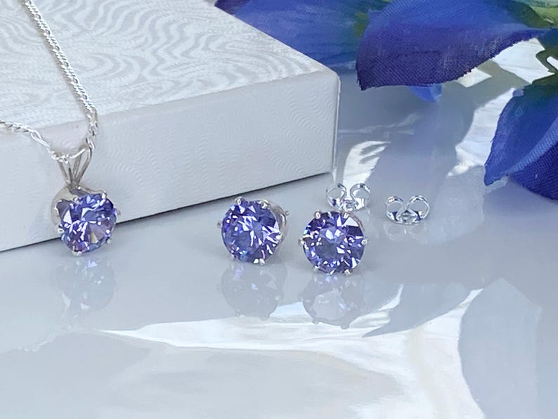 December Birthstone Set Tanzanite Sterling Silver Jewelry Perfect Birthday Gift Matching Pendant Necklace Earring Set Purple Gemstone Collection Cubic Zirconia Stones Elegant Present Celebration Jewelry Classic Design Everyday Wear Special