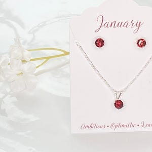 Sterling Silver Garnet Set January Birthstone Jewelry Matching Pendant Necklace Earring Collection Genuine Mozambique Garnet Round Gemstone Elegant Design Dainty Accessories Perfect Gift Idea Birthday Present Red Stone Jewelry Classic Style