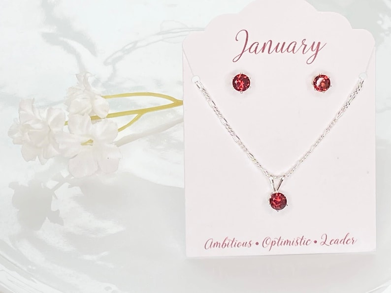 Sterling Silver Garnet Set January Birthstone Jewelry Matching Pendant Necklace Earring Collection Genuine Mozambique Garnet Round Gemstone Elegant Design Dainty Accessories Perfect Gift Idea Birthday Present Red Stone Jewelry Classic Style