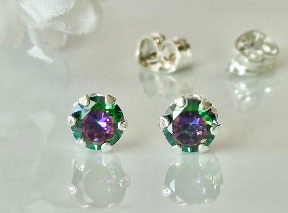 Genuine Mystic Topaz Stud Earrings: Sterling Silver, 5mm Rainbow Stone