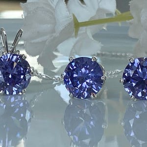 Tanzanite Jewelry Set December Birthstone Gift Sterling Silver Pendant Necklace Matching Earring Cubic Zirconia Purple Gemstone Birthday image 9