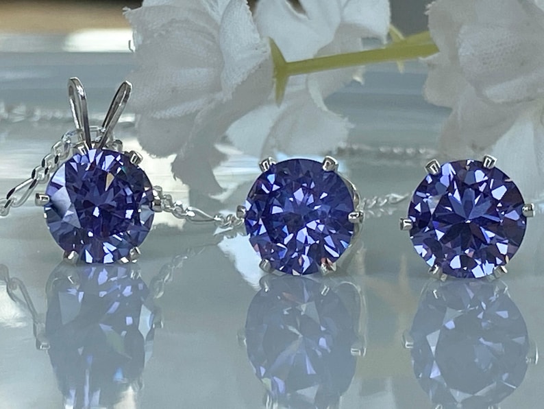 Tanzanite Jewelry Set December Birthstone Gift Sterling Silver Pendant Necklace Matching Earring Cubic Zirconia Purple Gemstone Birthday image 9