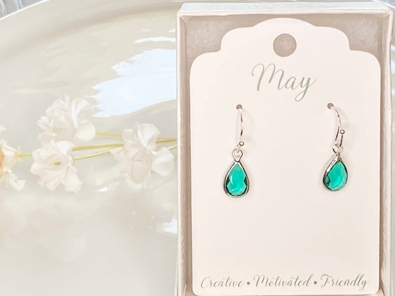 May birthday earrings, May birthstone earrings, emerald earrings, May earrings, emerald dangle earrings, May gift, birthstone jewelry, gift image 3