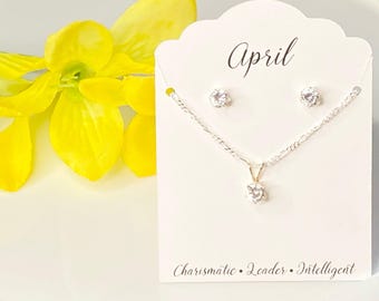 Birthstone Jewelry Set Sterling Silver April Birthstone Necklace Earrings Crystal Birthday Gift Dainty Accessory April Birthday Gift